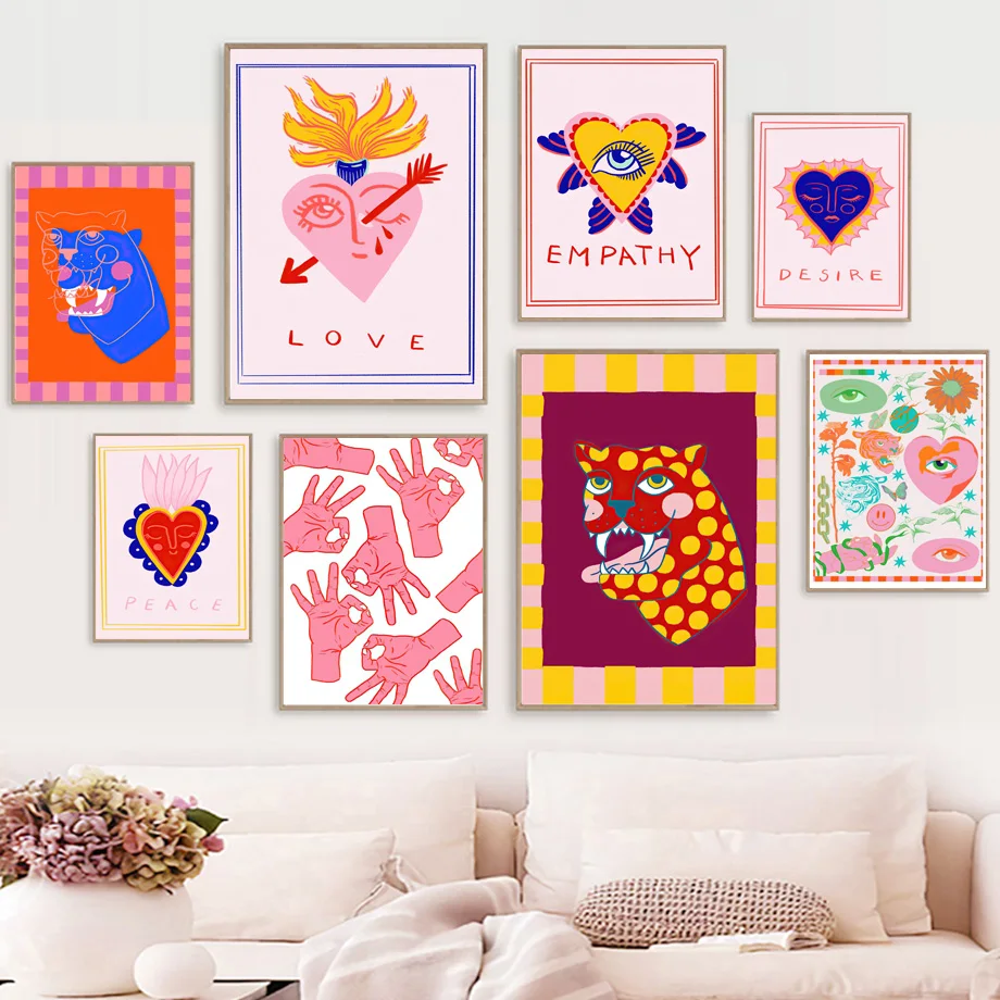 

Abstract Pink Leopard Eyes Hand Heart Tiger Flower Wall Art Print Canvas Painting Nordic Poster Decor Pictures For Living Room