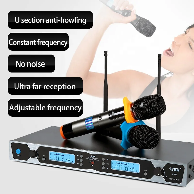 저렴한 ATSH-AT-3100 무선 마이크 시스템, 100 미터 선택 가능한 주파수 채널 전문 다이나믹 무선 마이크