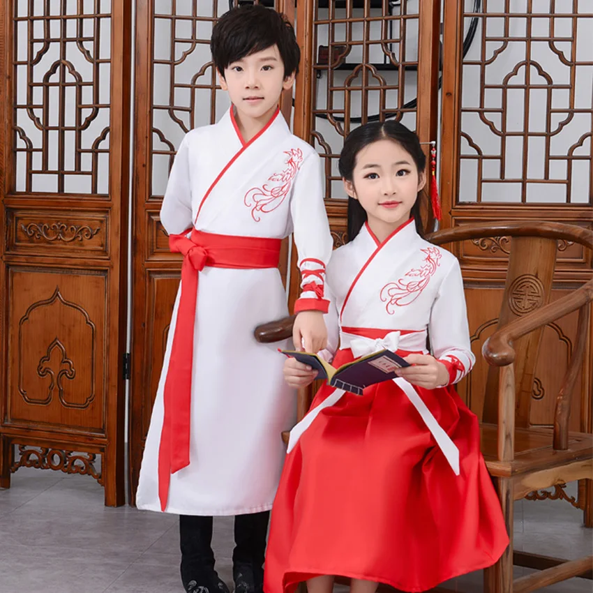 Древний Hanfu детский танцевальный костюм для взрослых, народное платье для девочек и мальчиков, традиционная китайская одежда, стильные праздничные наряды, нарядная сцена