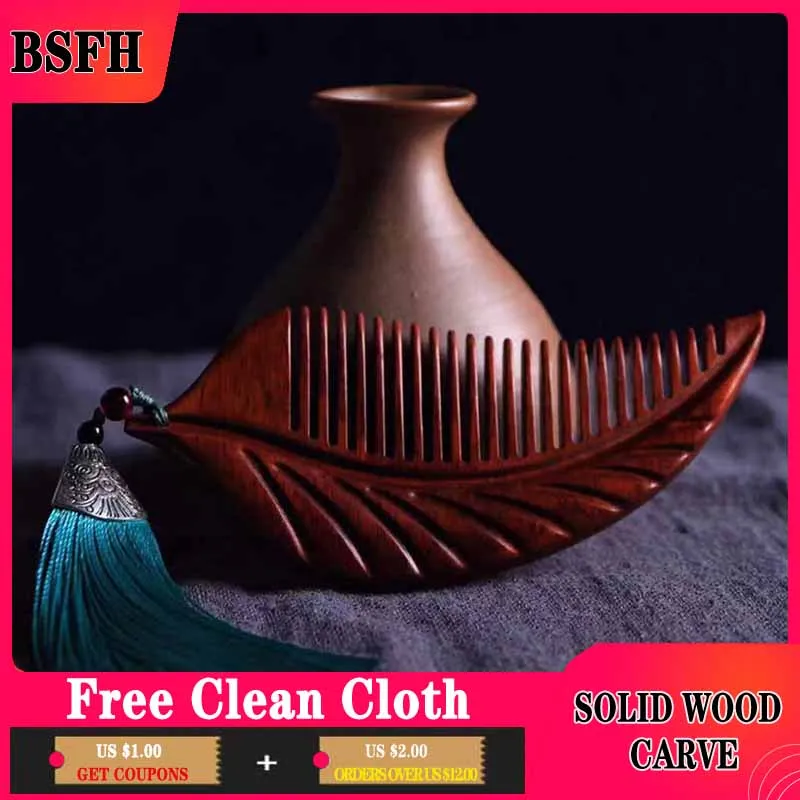 

Гребень из натурального черного или красного сандалового дерева, карманный Массажер для волос в форме резных листьев, уход за супер узкими ...