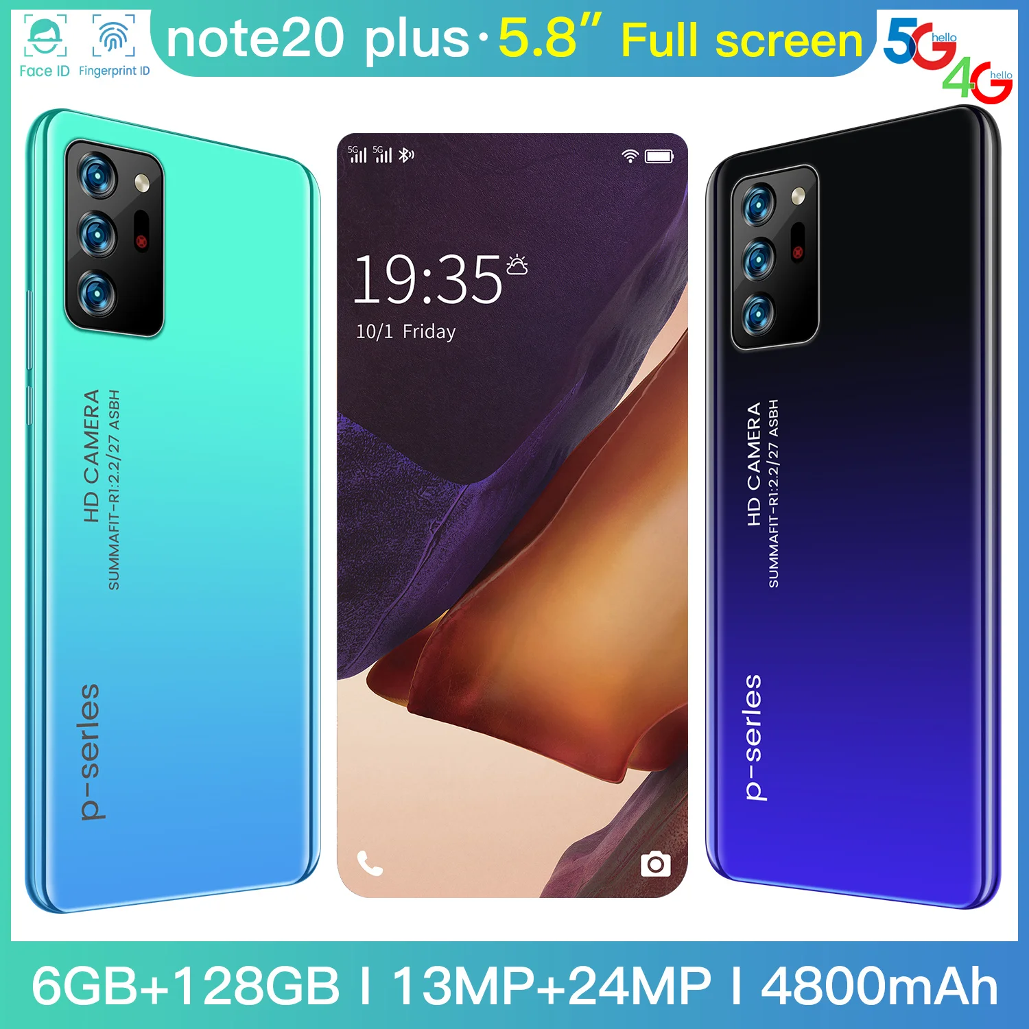 

New Note20 Plus Android Smartphones 5G LET Mobile Phone 8GB+256GB 10-Core MT6799 Real Fingerprint 4800mAh Dual SIM Cellphones