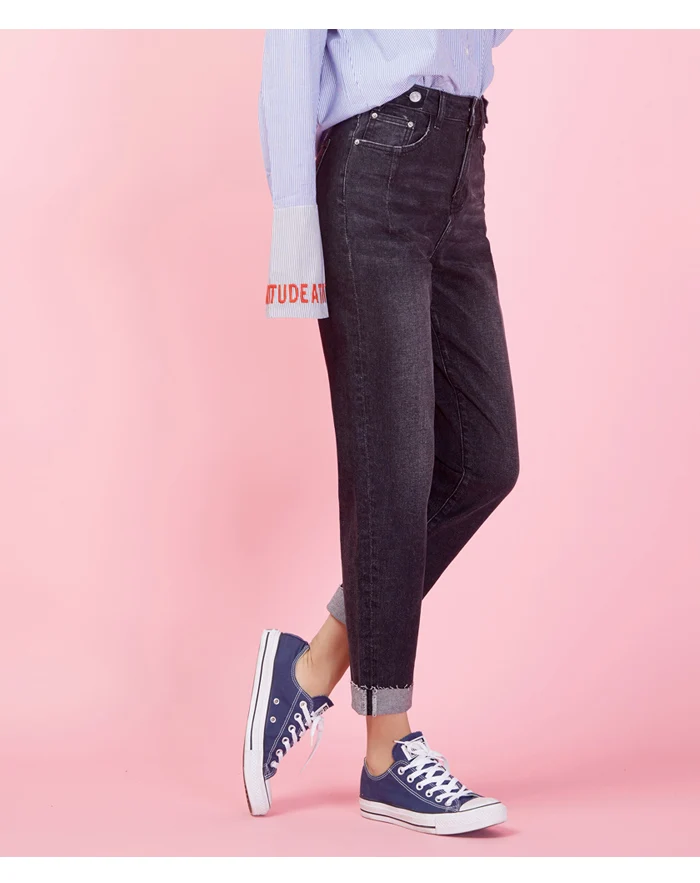 LEIJIJEANS, новинка, большой размер, женские черные шаровары с высокой талией, брюки с манжетами, крутые, крутые, модные, женские джинсы, 9028