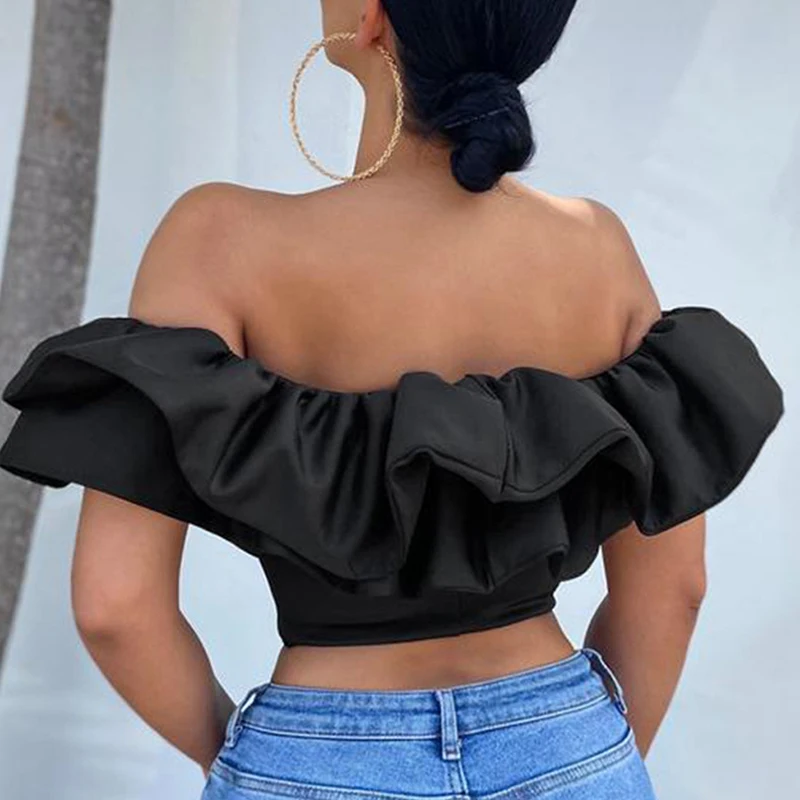 

ONEINALL Patchwork Ruffles Sexy Vest For Women Slash Neck Sleeveless Solid Minimalist Tank Top Female Summer Clothing 2021 Style