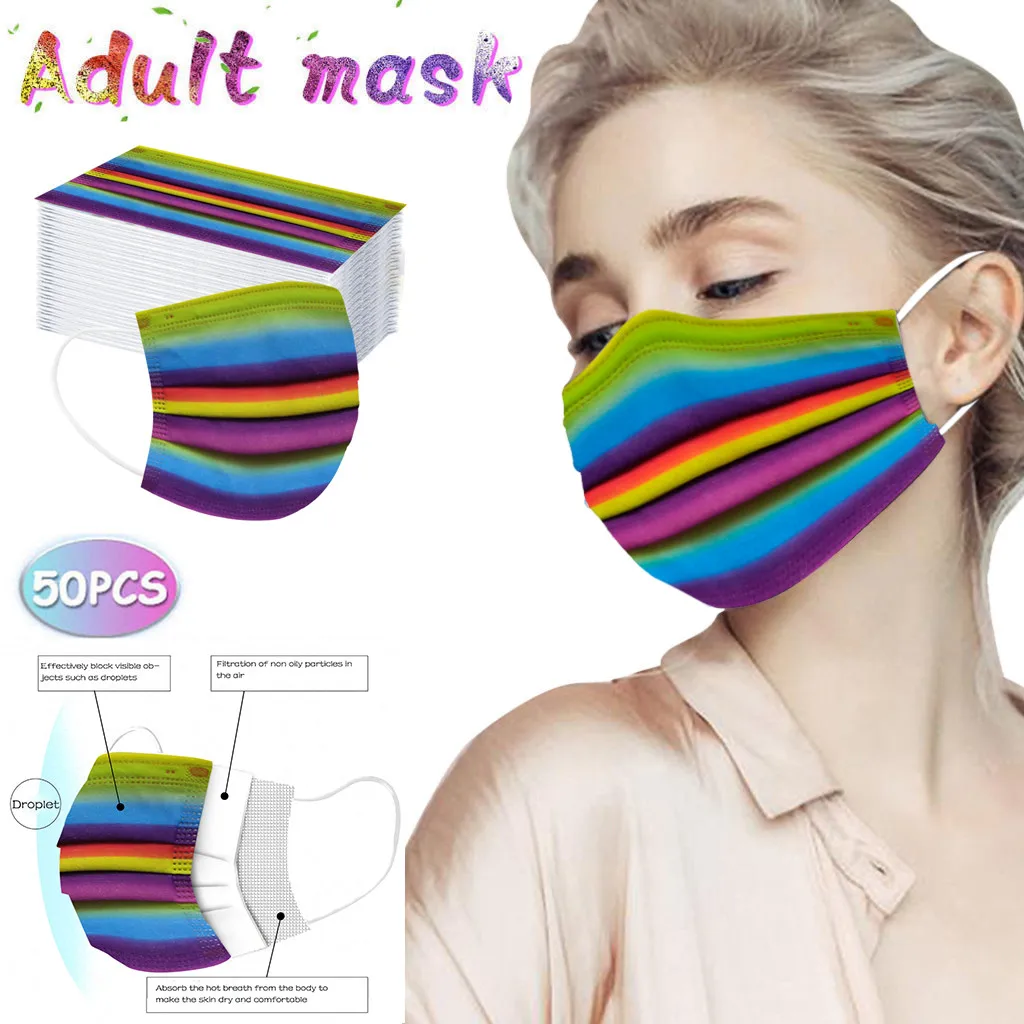 

50PCS Disposable Non-woven Face Mask Fashion Adult rainbow Printing 3 Layer Mask Filter Masks Mouth Mask With Design Masque