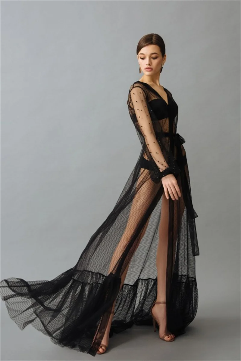 Жемчужное сексуальное прозрачное платье с длинными рукавами многослойное для