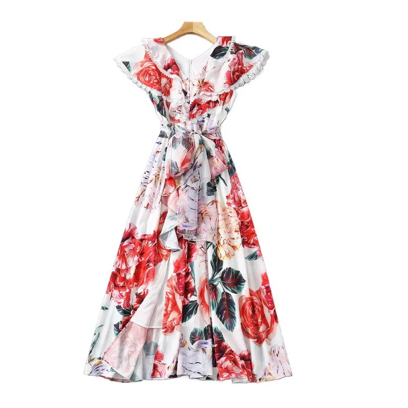 

AELESEEN Runway Fashion Summer Beach Dress 2021 New Arrival Sleeveless V-Neck Ruffles Blue Red Flower Print Split Dress