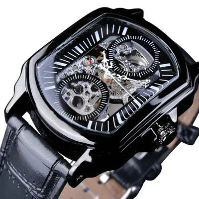 BlackBlack Новые автоматические механические часы из сплава Tourbillon, водонепроницаемые мужские часы с ремешком из натуральной кожи, мужские наручные часы - Цвет: BlackBlack
