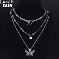 3pcs fashion hip hop butterfly stainless%c2%a0steel necklace silver color layer necklaces chain jewelry colliers nxs03