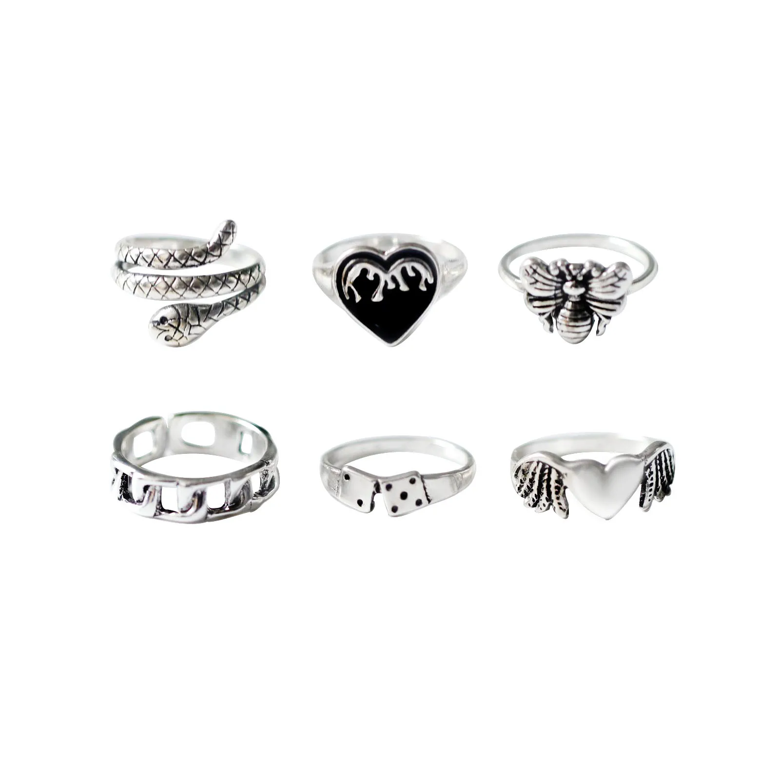 

New Retro Simple 6-Piece Set Personalized Ring Popular European and American Style Hollow Fashion Set Ring Jewelry