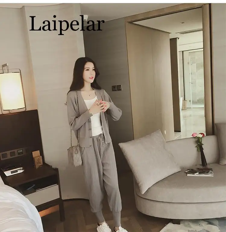 Осень зима 2020 Женский вязаный свитер брюки большого размера комплект из двух