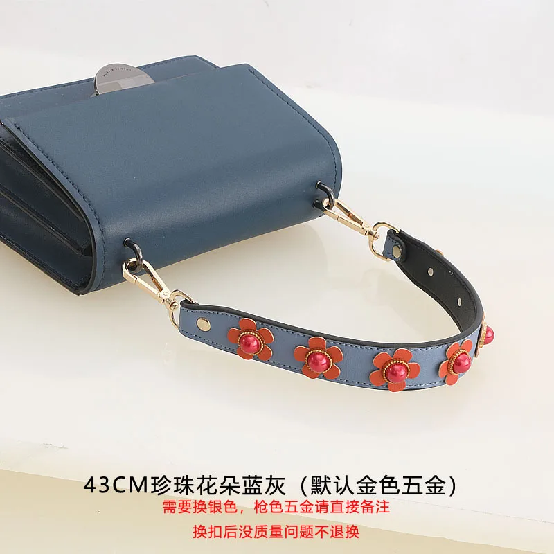 Женская широкая сумка на плечо с жемчужинами и цветами кожаный ремешок