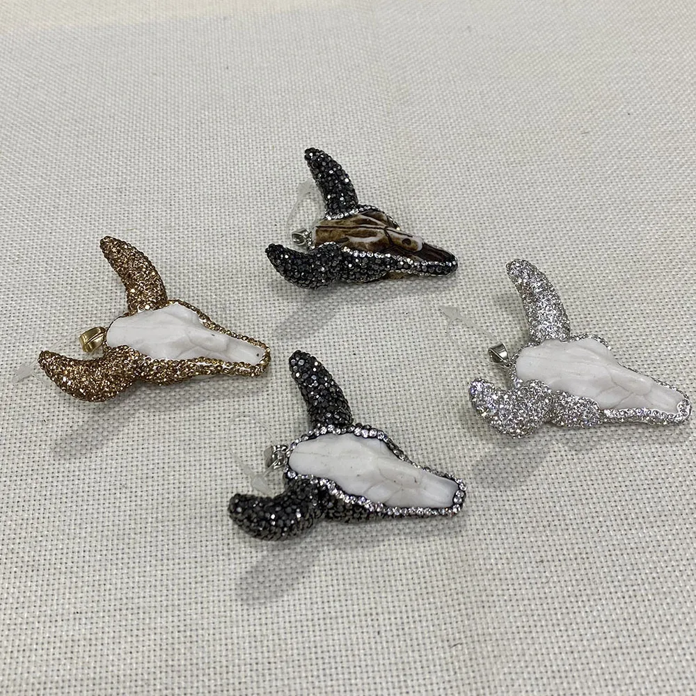 

Vintage Fashion Pendant Natural Stone Resin Ox Bone Necklace Inlaid Gold Diamond Silver Diamond Carved Bone Leather Necklace