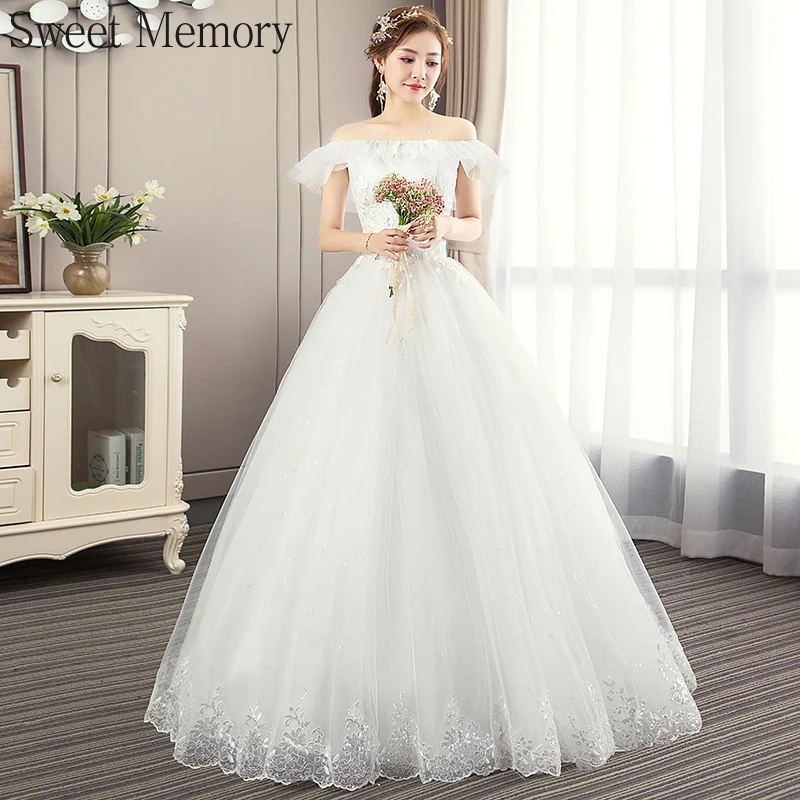 

U1144 Sweet Memory 2022 Fashion Simple Long Wedding Dresses Bride Robes Embroidery Lace Tulle Boat Neck Floor Length Ball Gown