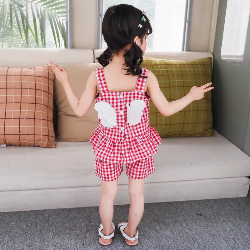 Костюм детский полосатый в клетку рубашка на подтяжках с украшением виде крыльев