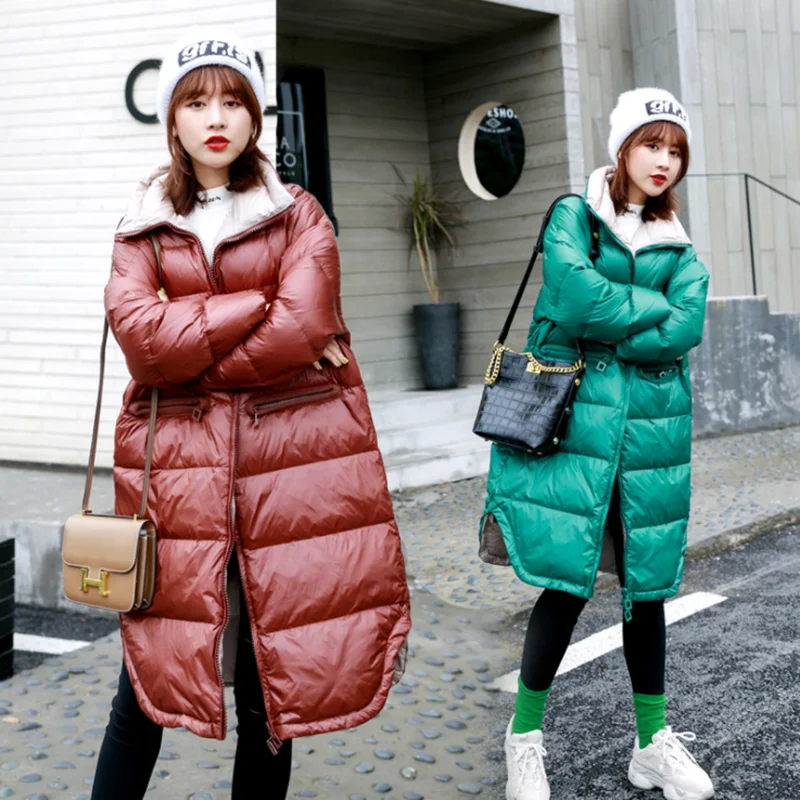 Женский длинный пуховик однотонный теплый свободный из хлопка зима 2019 | Женская