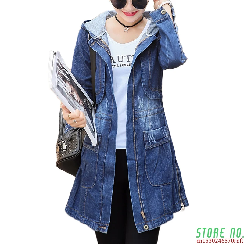 

Spring Autumn New Denim Jacket Women Korean Loose Long Jeans Jackets Women's Zipper Plus Size Hooded Basic Coat Jackets 3XL