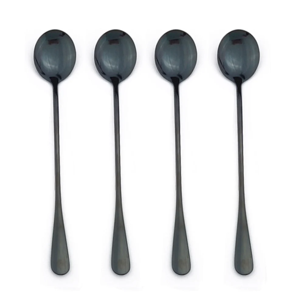 4Pcs Black Long Handle Tea Spoons Juice Stirring Cutlery Stainless Steel Coffee Spoon Drinking Flatware Kitchen Drop Shipping | Дом и сад