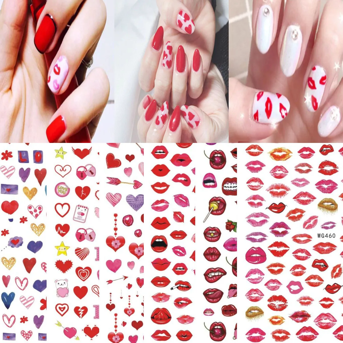 

1 лист наклеек для ногтей «сделай сам» на День святого Валентина, цветной узор в виде любящего сердца, 3D Рисунок красных губ, самоклеящиеся н...