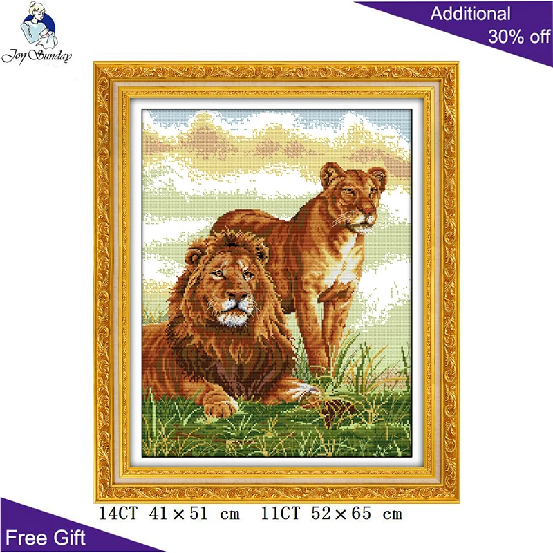 

Joy Sunday Accompanying D040 14CT 11CT Counted and Stamped Lion Couple Animal Home Decor Embroidery DIY Cross Stitch kits