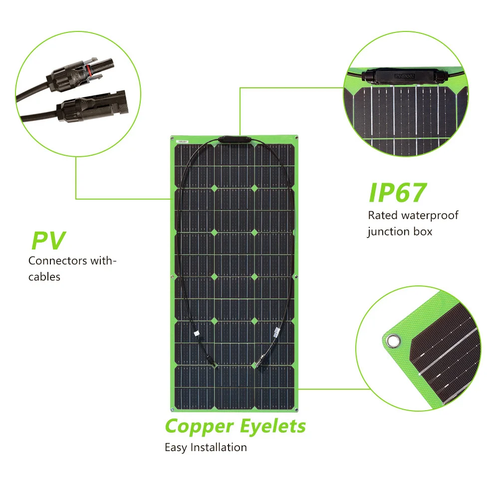 

Flexible Solar Panel 100W 100 Watt 12V Bendable Thin Lightweight Monocrystalline Battery Charger for RV, Boat, Cabin, Off-Grid