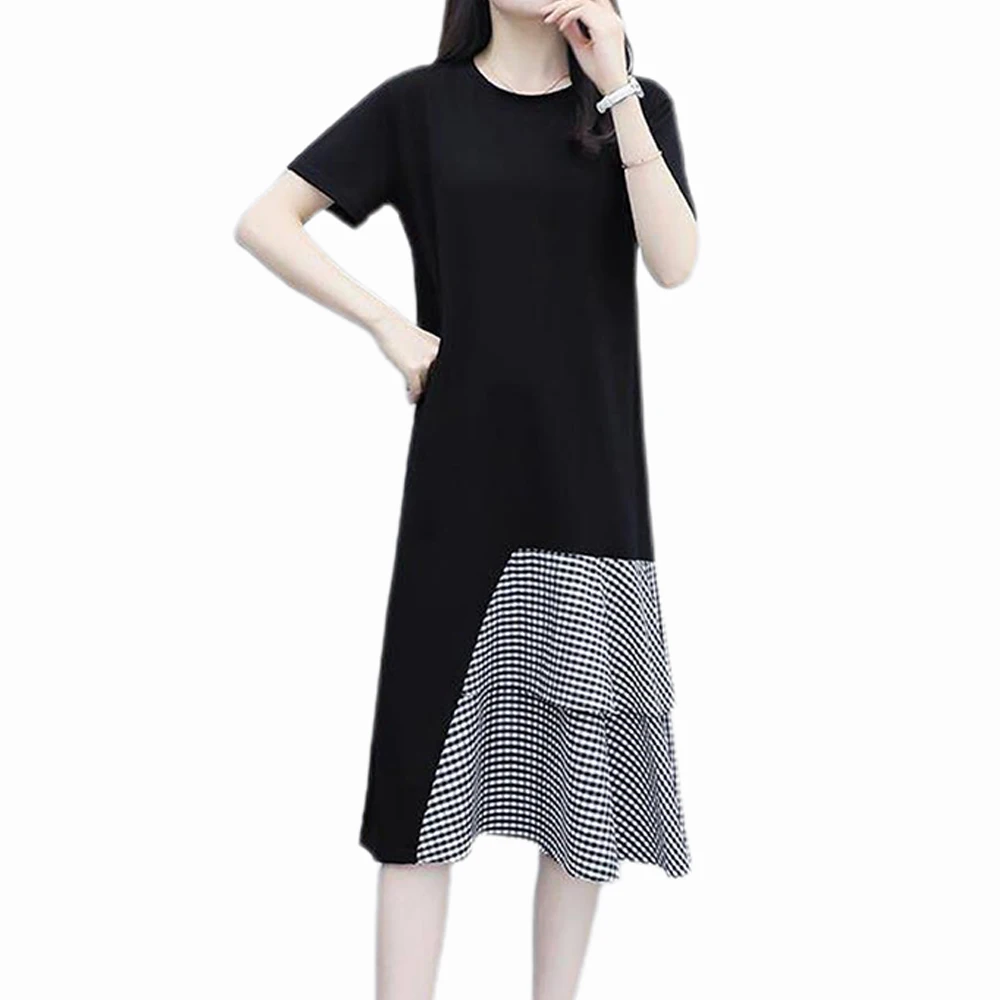 

Fake Two Dress Short Sleeved Dress Ladies Summer Dress New Style O-Neck Loose Casual Patchwork Keen-length Women's Long Dress