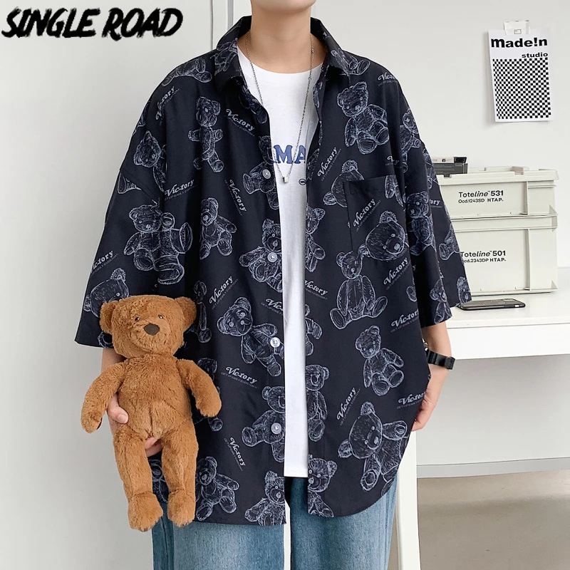 

Single Road Mens Short Sleeve Shirt Men 2022 Summer Bear Print Hawaii Vintage Shirt Harajuku Male Korean Blouse Shirts For Men