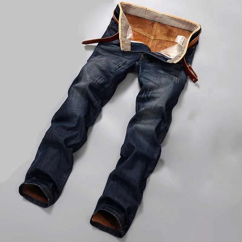 Men Straight Slim Fit Jeans Stretch Fleece Thicken Warm Trousers Casual Daily Office Street Male Denim Pants 28-40