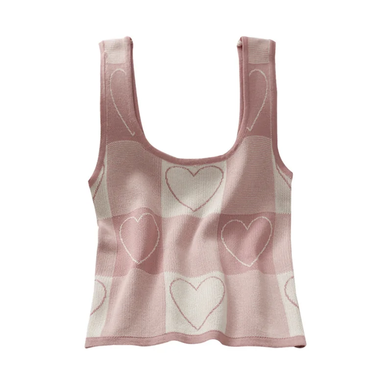 

Small Heart-Shaped Printed Plaid Short Knitted Camisole for Women 2021 Spring and Summer Slim-Fit Figure Flattering Sleeveless