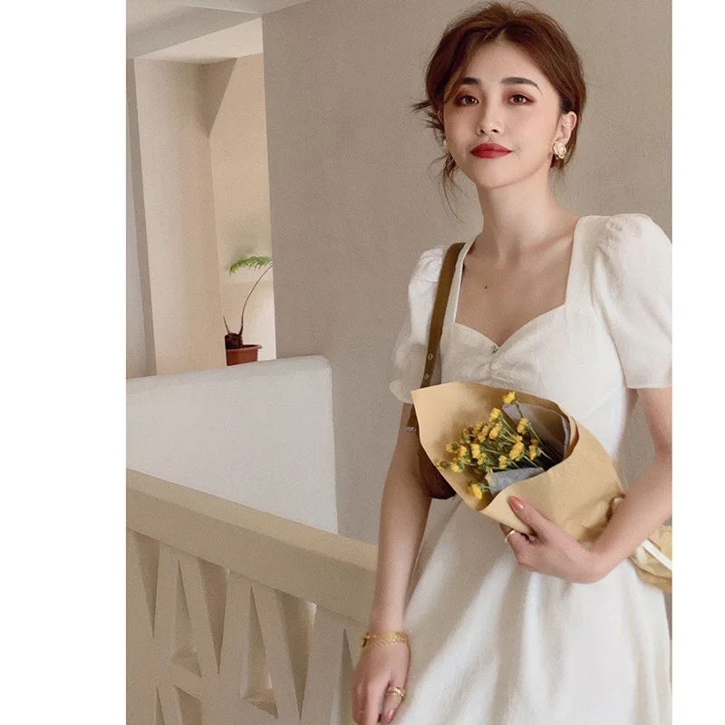 

summer new French nifty color dark grain short dress female A word hubble-bubble sleeve restoring ancient ways