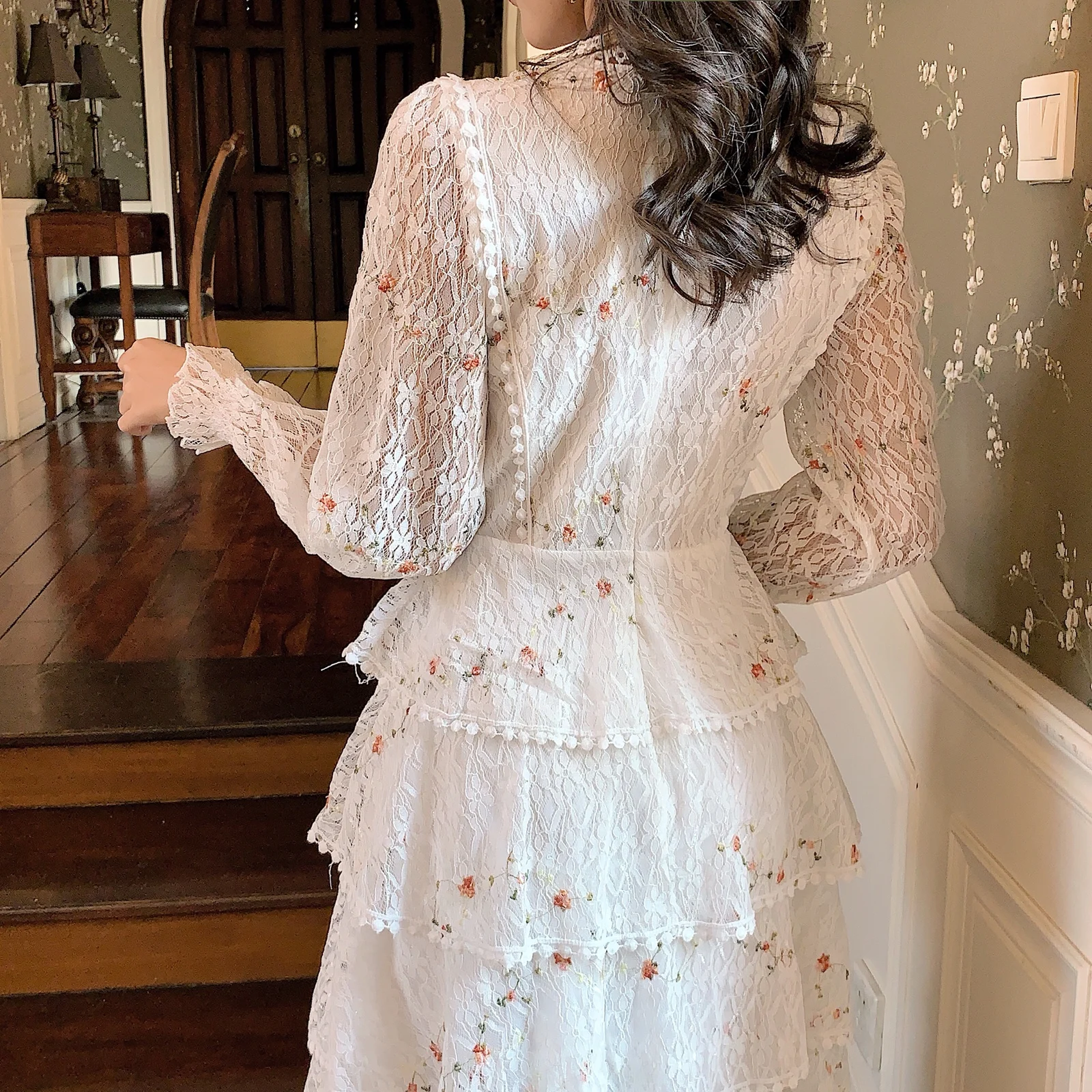 Женское кружевное платье макси с вышивкой Элегантное Длинное облегающее длинным