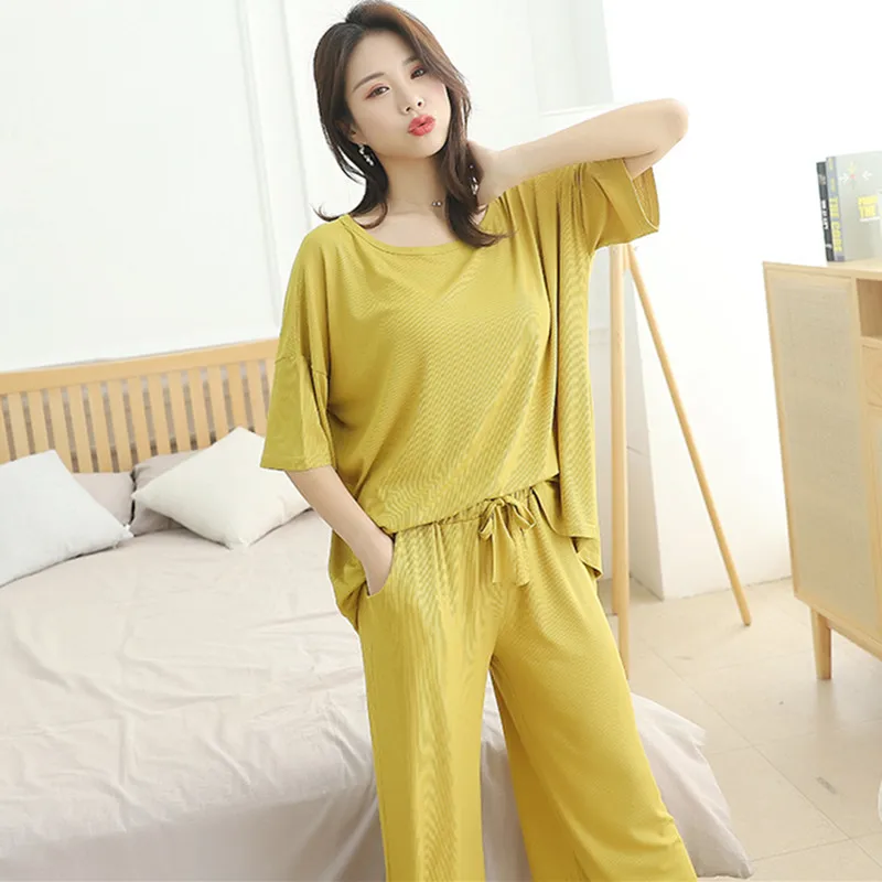 

Домашний костюм большого размера, женская летняя новая свободная ночная рубашка с короткими рукавами + повседневные штаны с 9 точками, пижам...