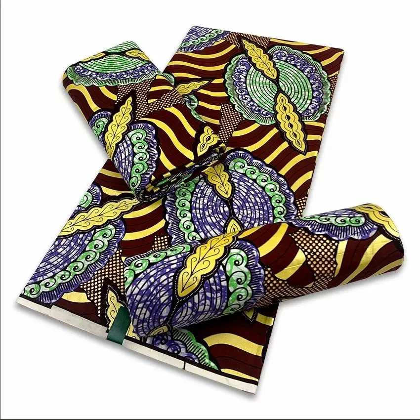 

New African Real Wax Fabric Ankara Soft Golden Glitter Cotton Pagne Quality Material Batik Stuff Sewing Wedding Party Dress F8-2
