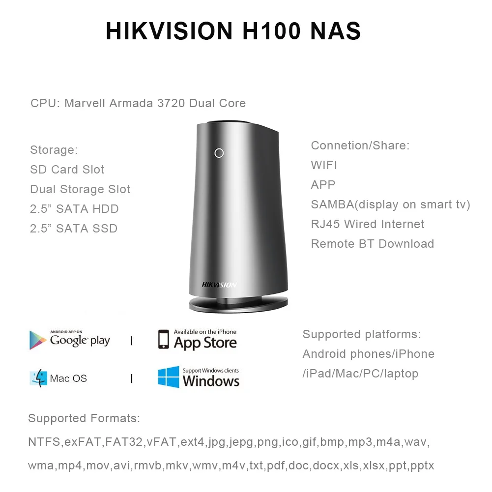 HIKVISION H100 внешний корпус для жесткого диска NAS Wi-Fi сеть, закрытое облако, предназначенное для дома/малого и среднего бизнеса, поддерживает высокую емкость до 8 ТБ