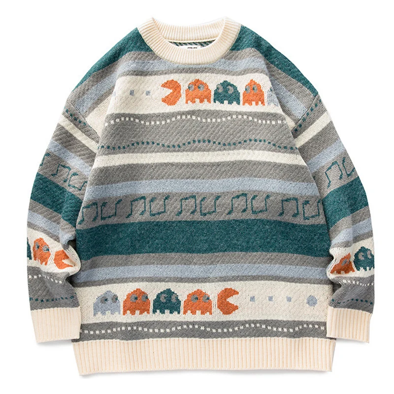 

Мужской зимний вязаный свитер в японском стиле ретро колледжа парные пуловеры с круглым вырезом жаккардовая модная повседневная одежда