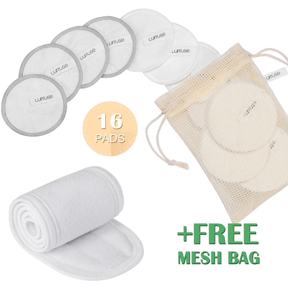 

Lurrose 18PCS/pack Reusable Makeup Removal Facial Body Cotton Cosmetics Remover Pads with Headband Storage Bag