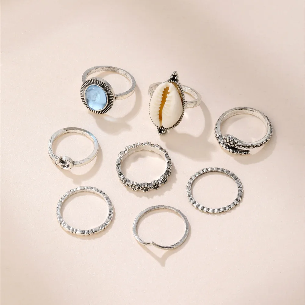 

Best selling jewelry Bohemian style personalized ring set retro shell gem 8 pieces ring set female