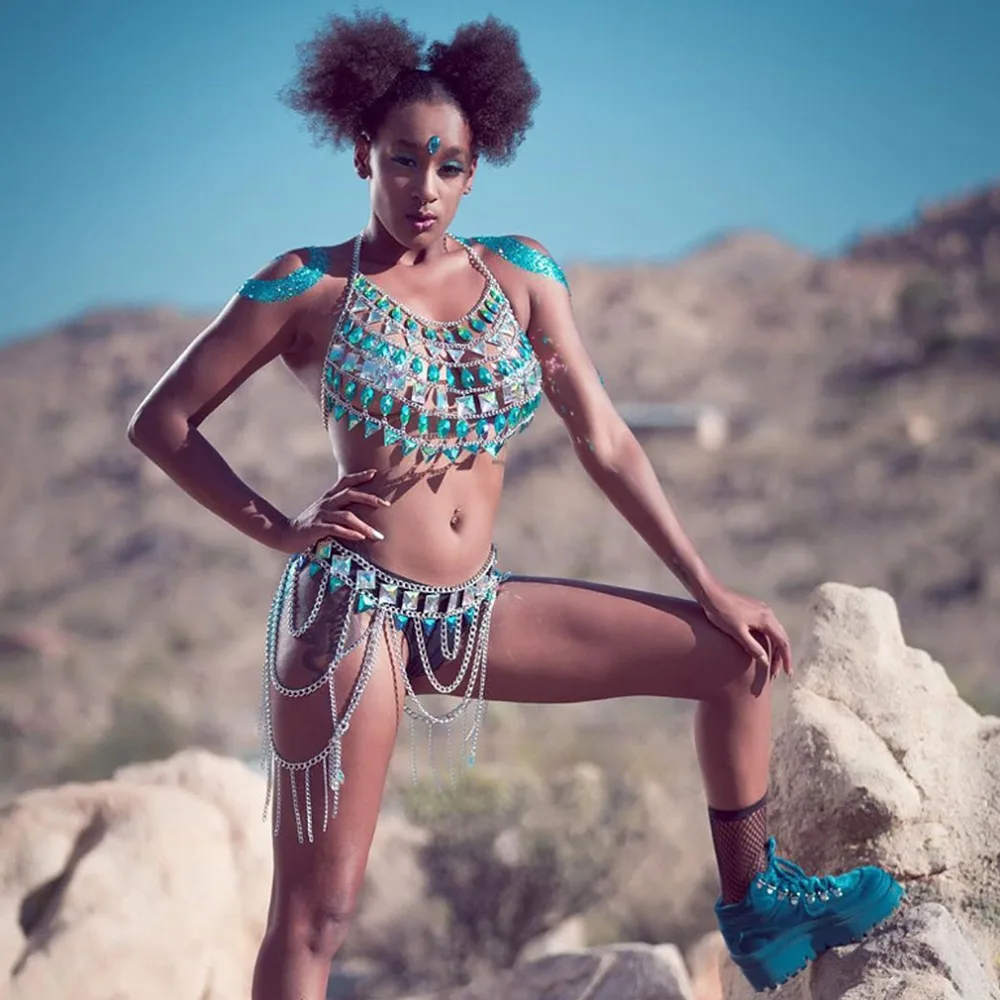 Boho 1 комплект, металлическая цепочка, бюстгальтер на бретельках для тела, кристалл, нагрудный ремень, украшение с зажимом, блестки, клетчатый Топ, плюс размер, женская одежда в стиле рейв на Хэллоуин
