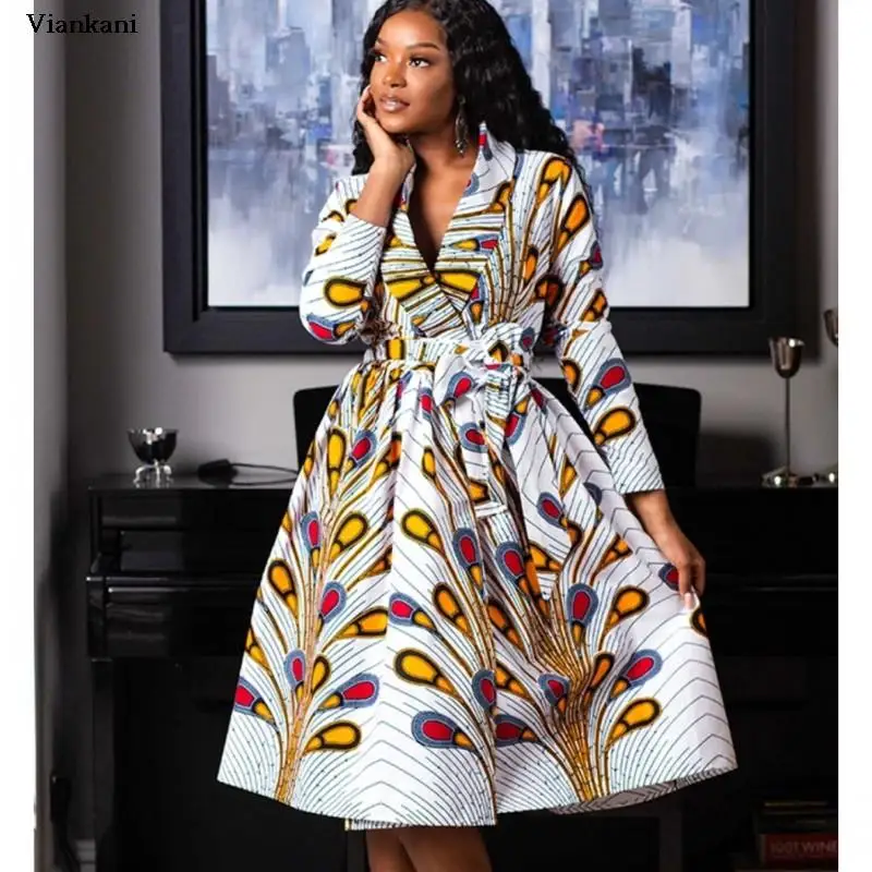 

Fashion African Dresses Women 2021 Autumn Winter Africa Style Print Rich Bazin Dashiki Top Midi Dresses Vestidos