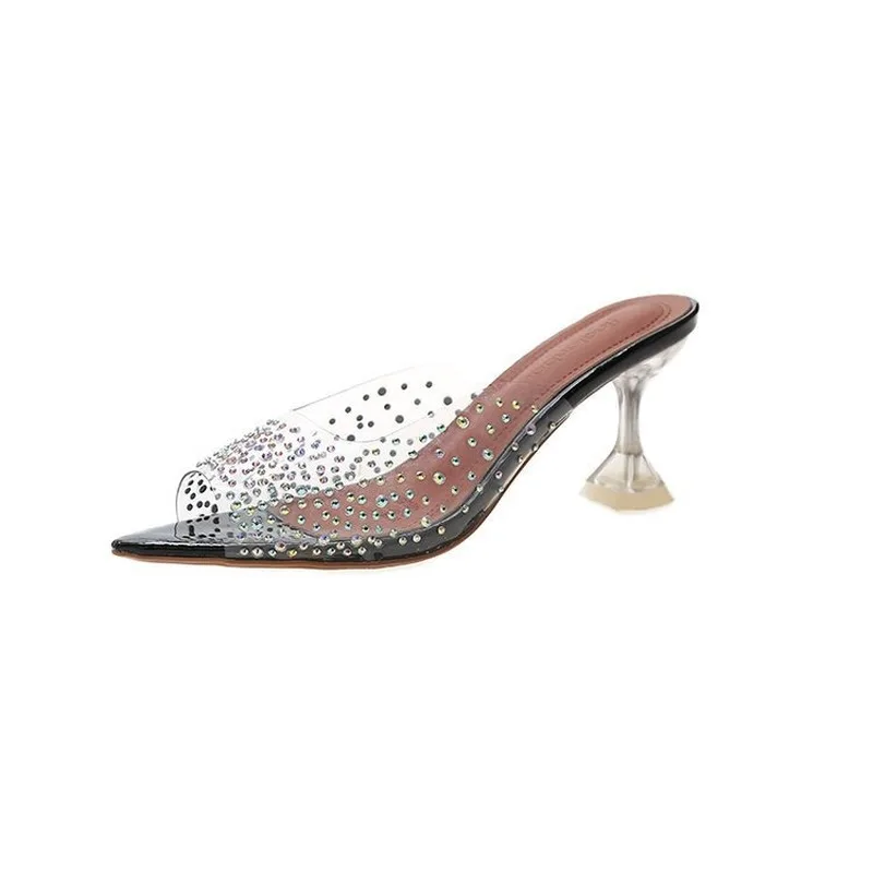 

New Summer Slippers Female Slides Spike High Heels Women Shoes Woman Mules Pointed Toe Clear Transparent Crystal Ladies Shoes