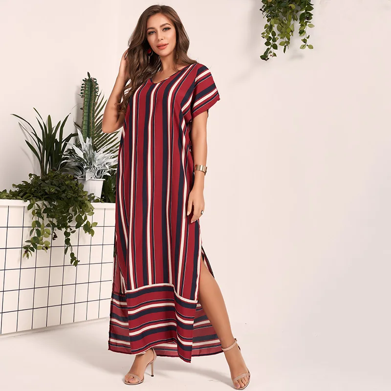 

MAI&FUN Vintage Women Casual Dress Striped Split Side Sashes Maxi Dresses