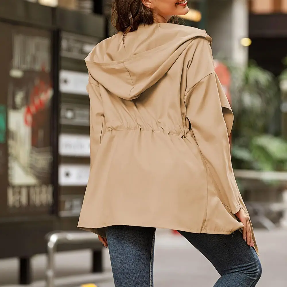 

Women Autumn Winter Solid Color Long Sleeve Hooded Coat Waist Drawstring Jacket Zipper waterproof Raincoat Jacket Outerwear