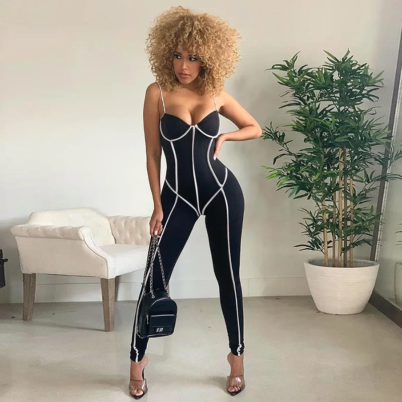 NCLAGEN Neon Striped Patchwork Bust Shape Push Up Jumpsuit Women Backless Bodycon Butt Fitness Pants Long Playsuits Rompers |