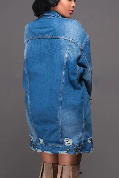 

1C Denim Jacket Women's medium and long broken hole denim windbreaker custom logo print on product and package from 1pc dropship