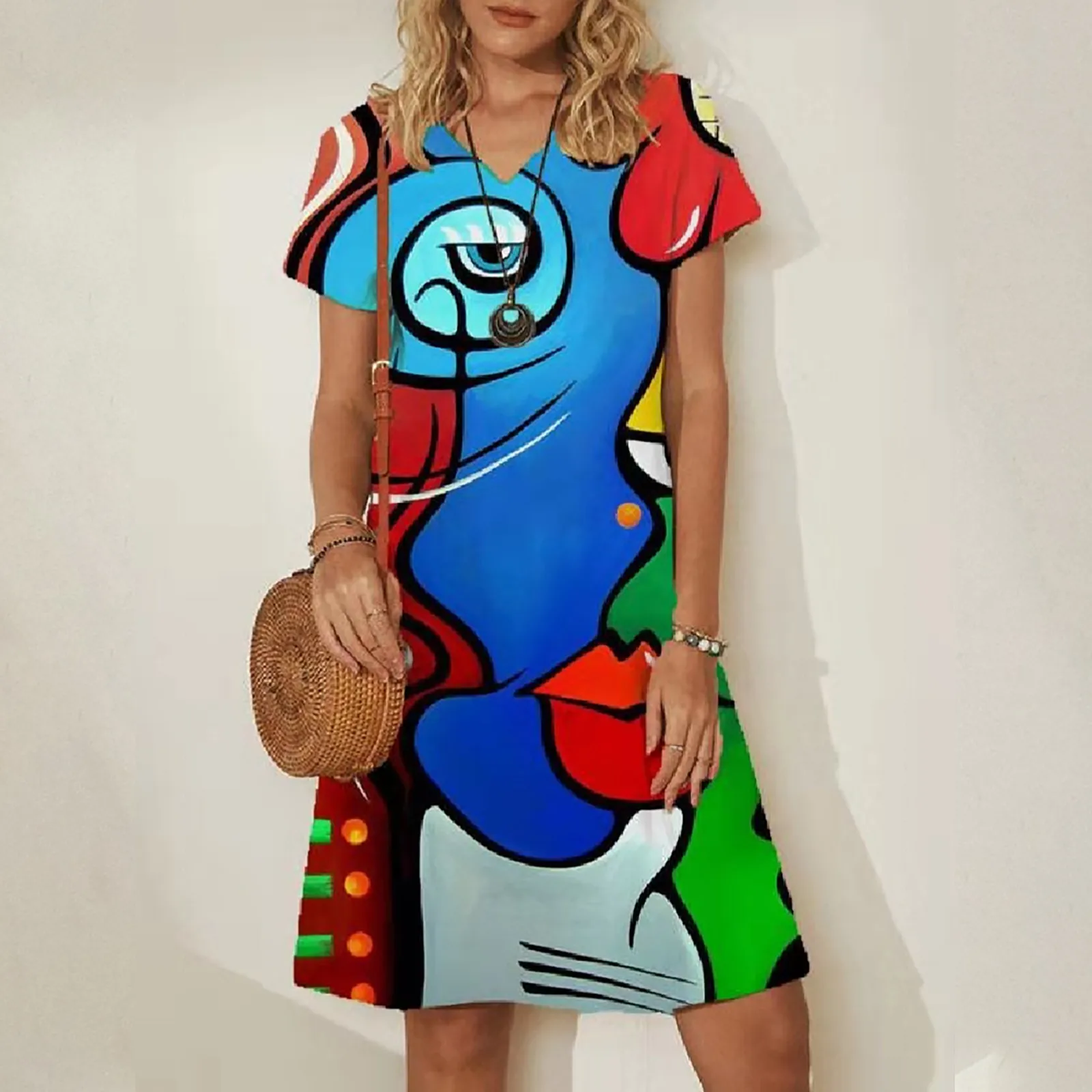 

50# Graphic Pattern Dress Women Fashion Character Print Casual Loose A-Line Knee-Length Dresses V-neck Short Sleeve Summer Dress