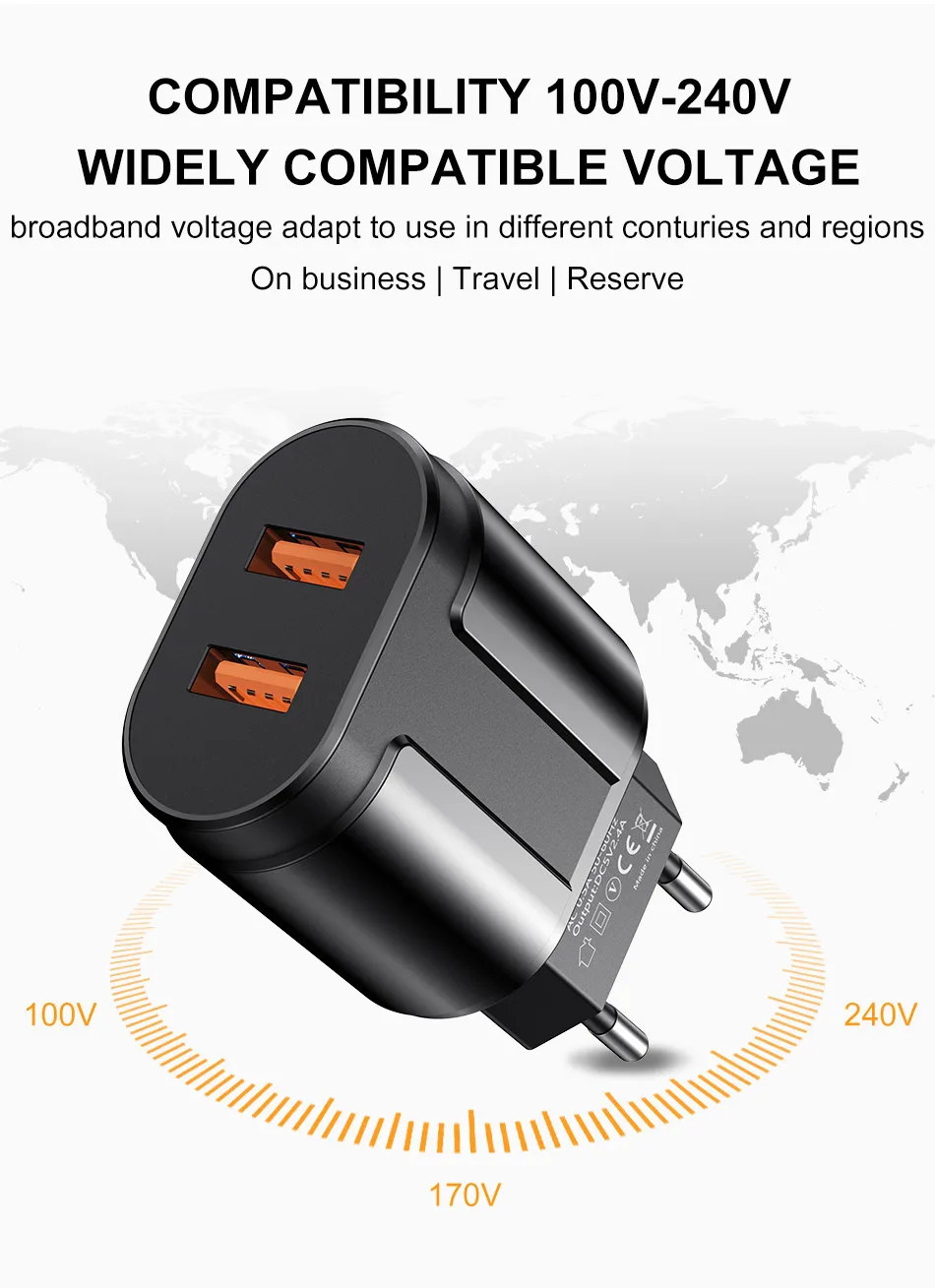 USLION Dual USB зарядное устройство 5 В 2.4A Быстрая зарядка стены мобильного телефона зарядное устройство для iPhone samsung Xiaomi Портативный ЕС США штекер Адаптер