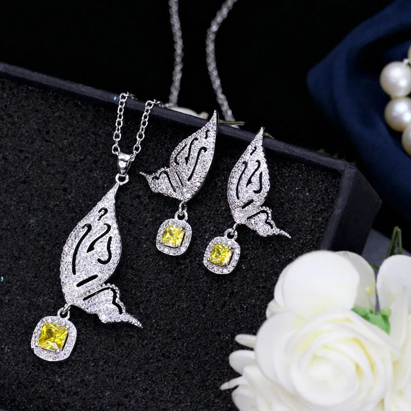 yellow CWWZircons желтое золото Цвет Красивая в форме бабочки Кубический Цирконий Серебро 925 Ювелирные наборы для женщин аксессуары T004 - Окраска металла: yellow