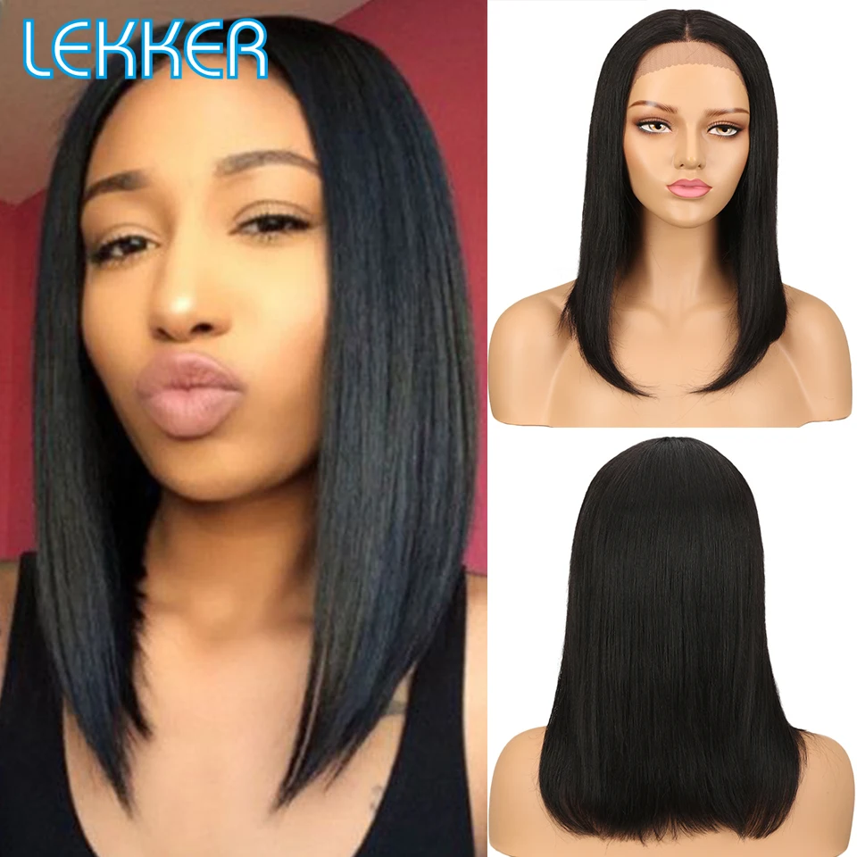 Lekker прямые боб средняя часть шнурка человеческих волос парики для чернокожих Для
