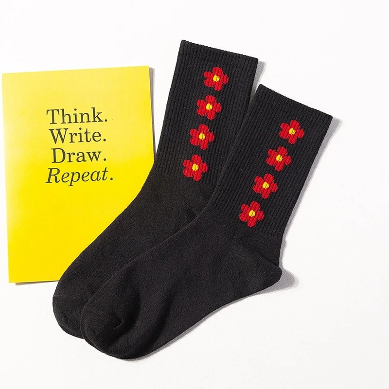 

Spring and Summer Tide Socks Female Black Flower Street Fashion High Socks Harajuku Style Sports School Style Cute Personality