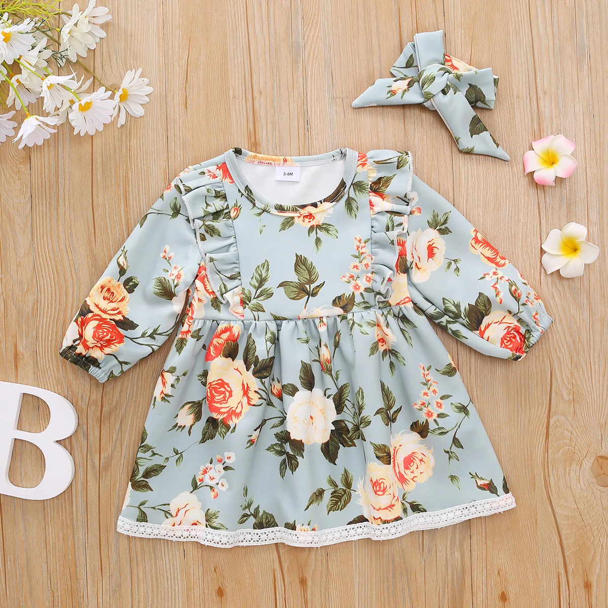 

Toddler Baby Girl Dress Cute Infant Cloth Long-sleeved Ruffle Flower Print Floral Dress Baby Girl Spring Autumn Dress