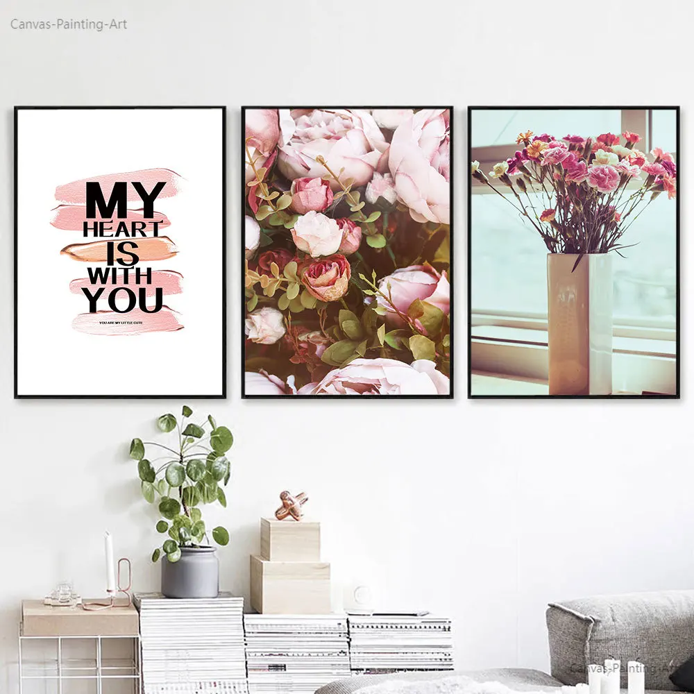 

Canvas Painting Wall Art Scandinavian Poster Botanical Pink Rose Flower Quote Modern Print Picture For Living Room Home Decor
